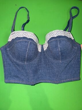 Colsie Denim Bustier Bralette with White Lace Trim